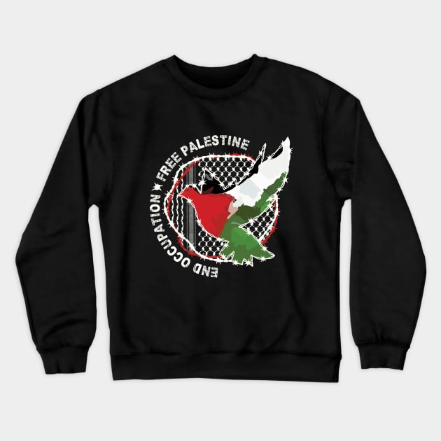 End Occupation Free Palestine with Palestinian Arabic Kufiya Hatta Pattern -wht Crewneck Sweatshirt by QualiTshirt